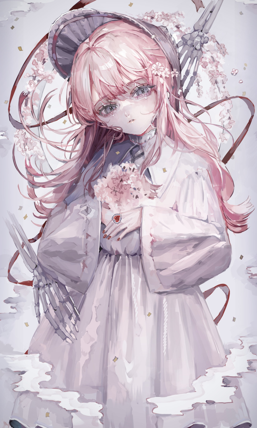 1girl, absurdres, bangs, bonnet, bouquet, cherry_blossoms, collared_dress, dress, expressionless, faux_traditional_media, flower, grey_eyes, hair_flower, hair_ornament, head_tilt, highres, holding, holding_bouquet, isshiki_shime, jewelry, long_hair, long_sleeves, looking_at_viewer, original, pink_hair, ring, skeleton, sleeves_past_wrists, solo, white_dress, white_headwear