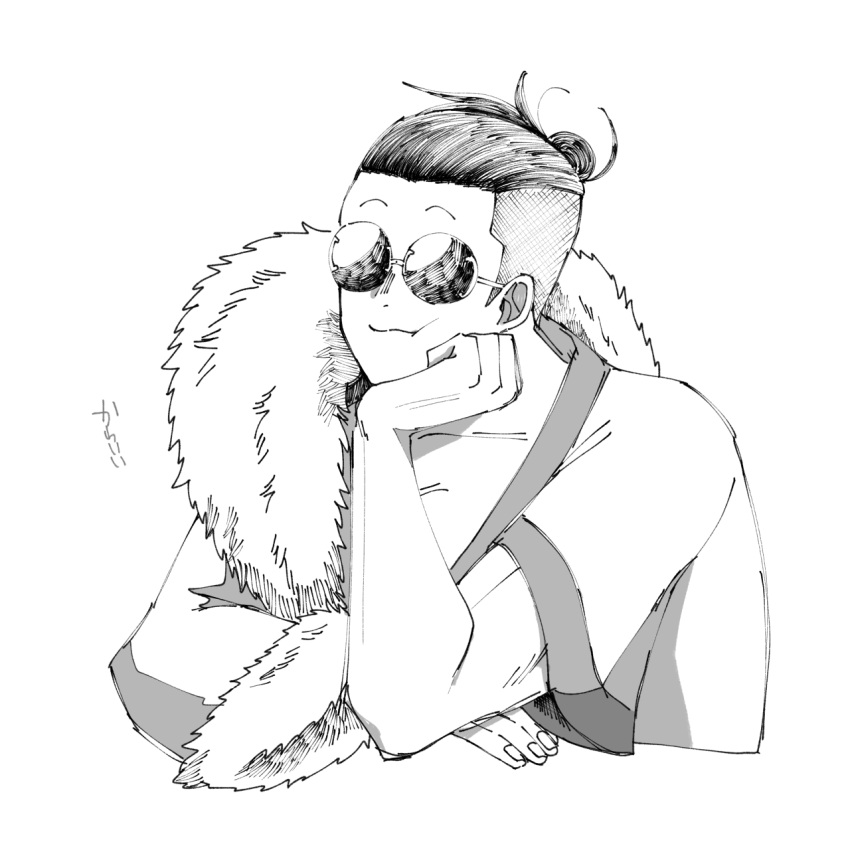 1boy, attila_(rosen_garten_saga), black_hair, cropped_torso, fur_trim, greyscale, hair_bun, hair_slicked_back