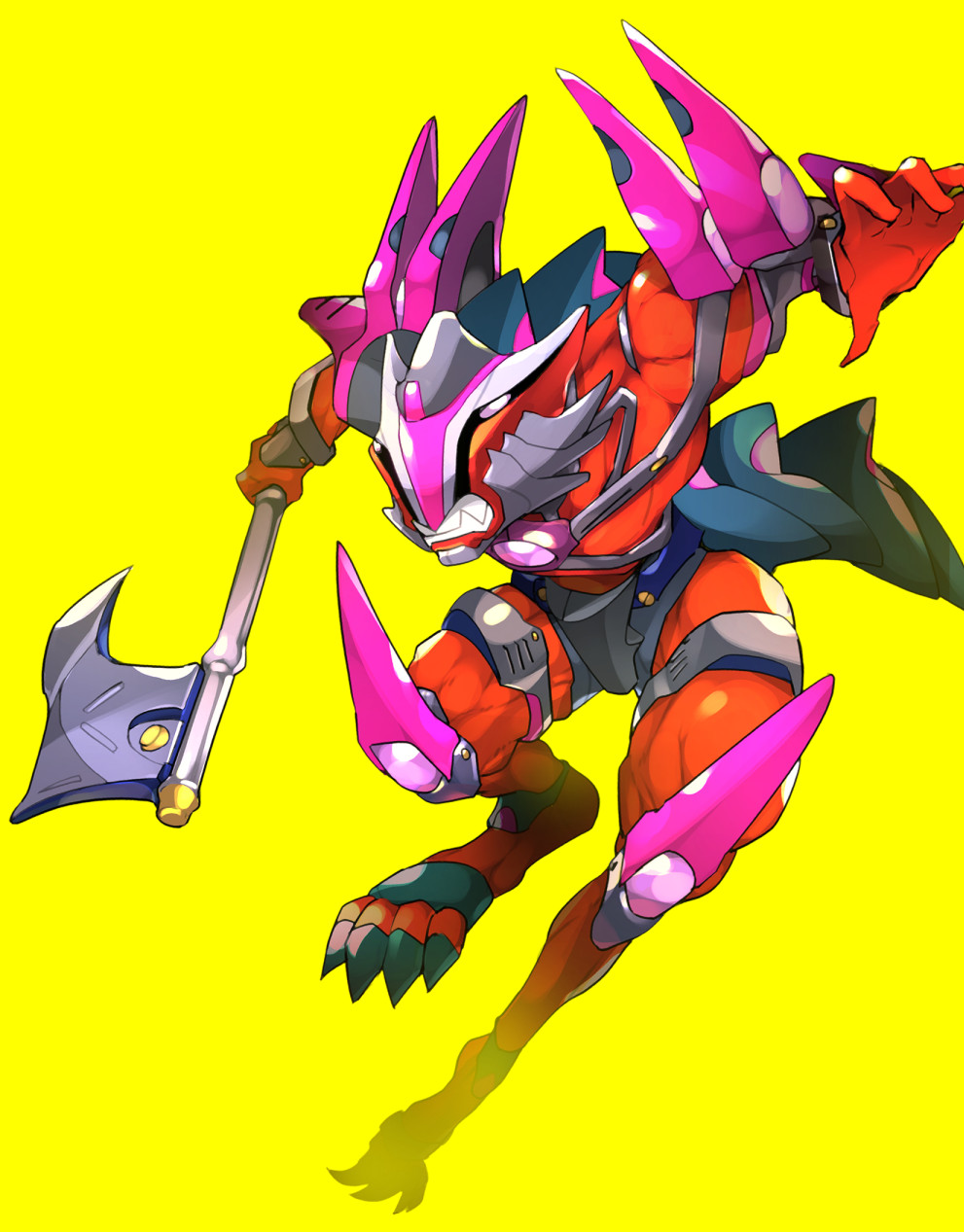1boy, armor, axe, ayumi_t, colored_skin, commentary, covered_eyes, duel_monster, helmet, highres, holding, holding_axe, holding_weapon, kashtira_fenrir, knee_pads, muscular, open_hand, red_skin, sharp_toenails, toenails, weapon, yu-gi-oh!