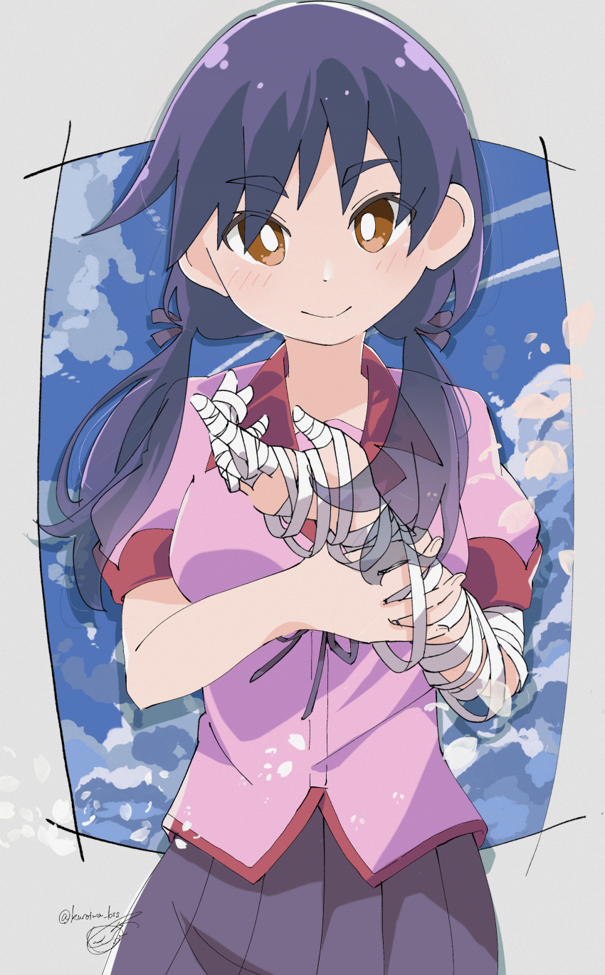 1girl, absurdres, artist_name, bandaged_arm, bandages, bangs, blue_skirt, breasts
