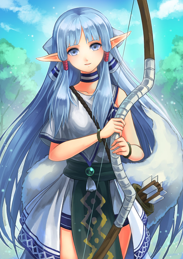 1girl, akuru_(akr369akr), arrow_(projectile), bangs, blue_eyes, blue_hair, blue_sky, bow