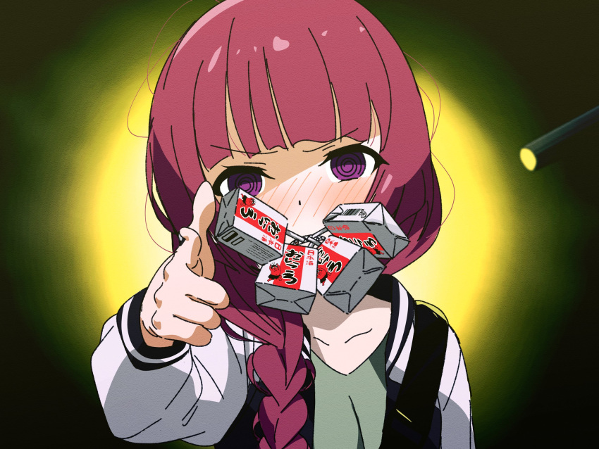 1girl, bangs, black_jacket, black_nails, blunt_bangs, blush, bocchi_the_rock!, braid, dot_nose, dress, drinking_straw, drinking_straw_in_mouth, furrowed_brow, goumonsha, green_dress, hair_over_shoulder, highres, hiroi_kikuri, jacket, long_hair, looking_at_viewer, multicolored_clothes, multicolored_jacket, nose_blush, open_clothes, open_jacket, pointing, pointing_at_viewer, portrait, purple_hair, sake_carton, single_braid, solo, two-tone_jacket, white_jacket