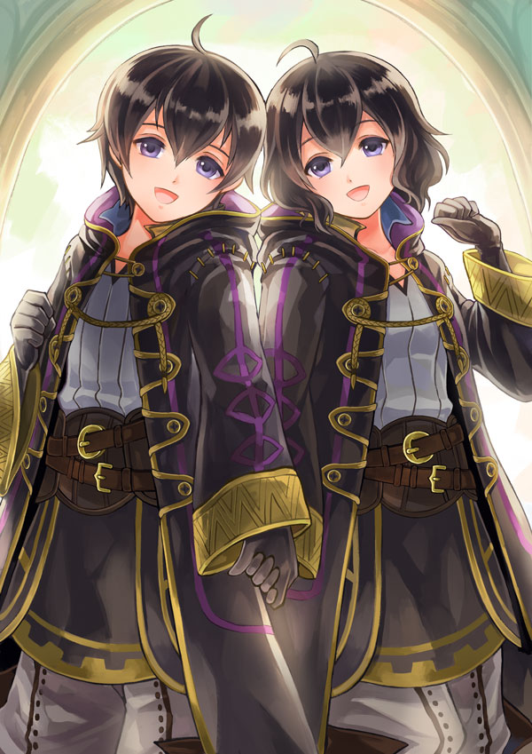 1boy, 1girl, :d, ahoge, akuru_(akr369akr), bangs, belt, black_coat