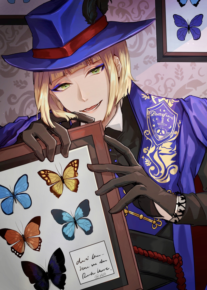 1boy, artist_name, bangs, black_gloves, black_sash, black_shirt, blonde_hair, blunt_bangs