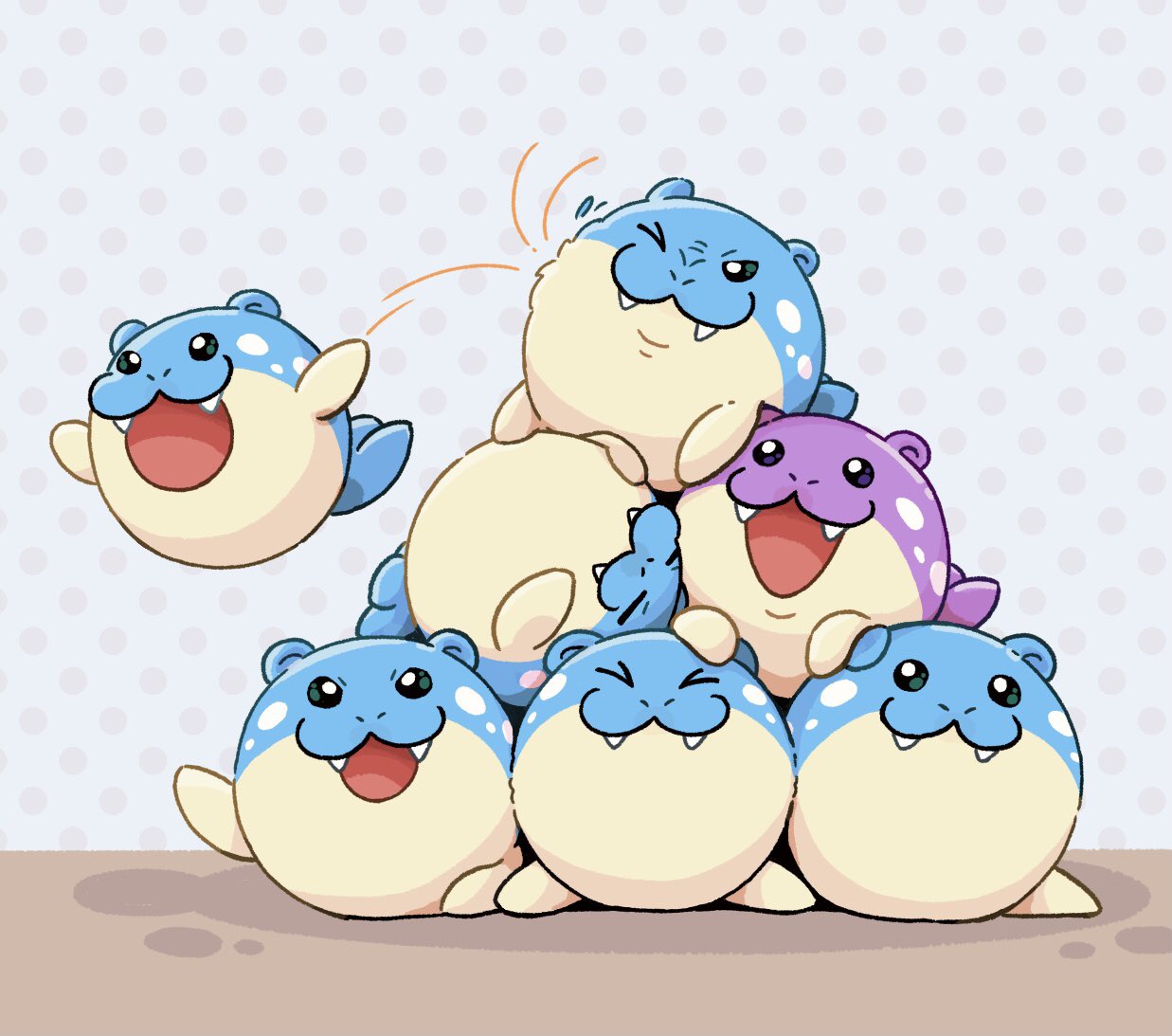 >_<, >_o, :3, commentary_request, fangs, mochi_(swallow-luff), motion_lines, no_humans, one_eye_closed, open_mouth, pokemon, pokemon_(creature), polka_dot, polka_dot_background, smile, spheal, stacking