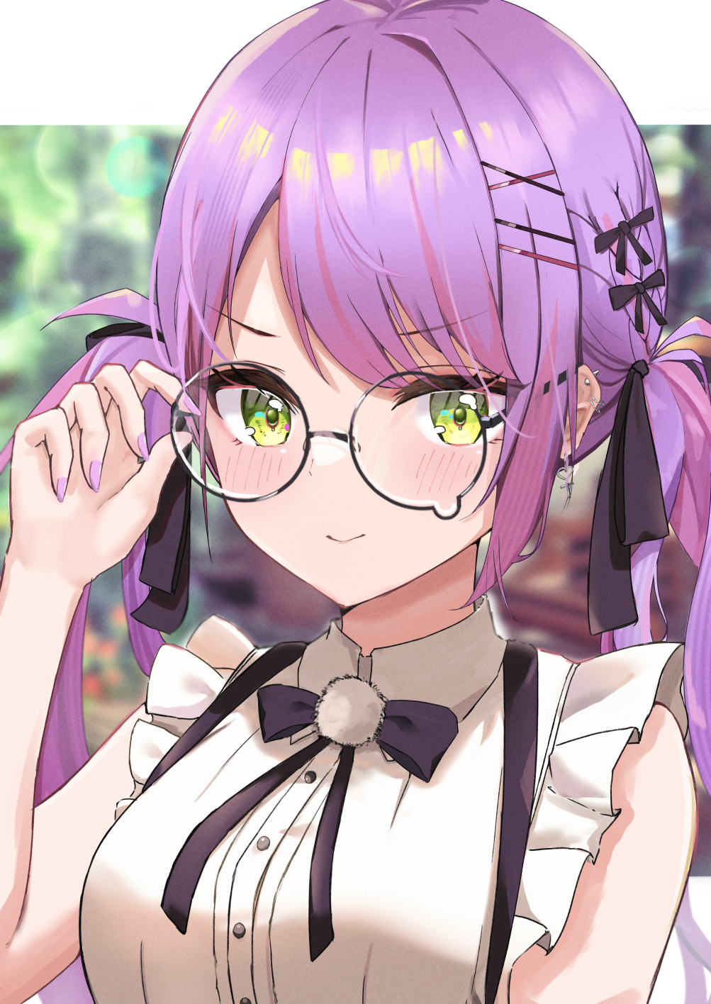 1girl, adjusting_eyewear, bare_shoulders, black_bow, black_bowtie, black_ribbon, bow, bowtie
