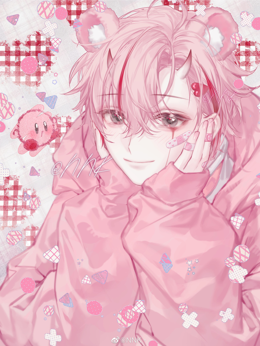 1boy, absurdres, animal_ears, bandaid, bandaid_on_cheek, bandaid_on_face, bandaid_on_hand, bear_boy