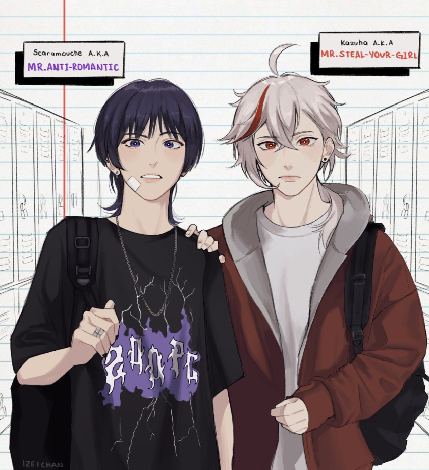 2boys, backpack, bag, black_shirt, clothes_writing, earrings, genshin_impact, grey_hair