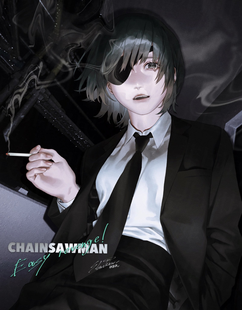 1girl, black_hair, black_jacket, black_necktie, black_pants, breasts, chainsaw_man, cigarette