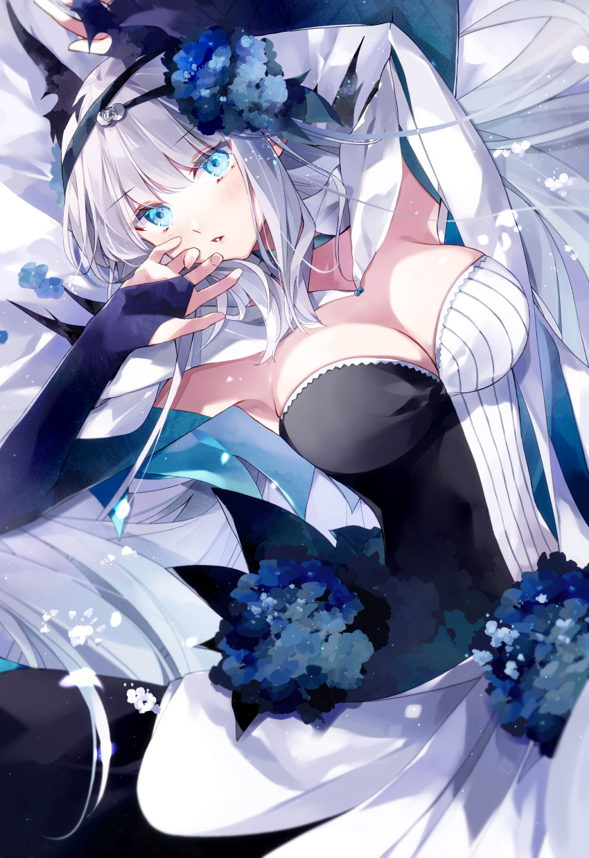 1girl, absurdres, bangs, bare_shoulders, blue_eyes, blue_flower, blue_gloves, breasts, crown, dress, fate/grand_order, fate_(series), flower, gloves, grey_hair, hair_flower, hair_ornament, highres, large_breasts, long_dress, long_hair, looking_at_viewer, misaki346, morgan_le_fay_(apex)_(fate), morgan_le_fay_(fate), multicolored_clothes, multicolored_dress, open_mouth, solo, very_long_hair, white_background, white_flower