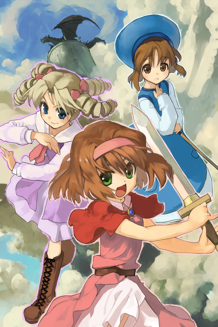 3girls, arche_plumfield, bangs, blonde_hair, blue_dress, blue_eyes, blue_headwear, blush