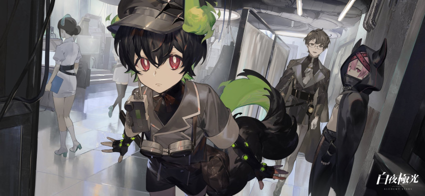 2boys, 3girls, alchemy_stars, animal_ears, ascot, bag, bangs, belt