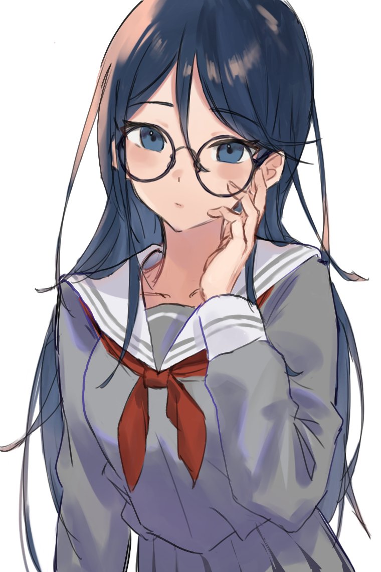 1girl, arm_at_side, black-framed_eyewear, black_hair, blue_eyes, closed_mouth, collarbone, commentary