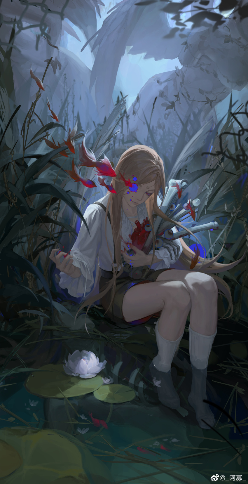 1boy, absurdres, blonde_hair, final_fantasy, final_fantasy_xiv, fish, flower, heart