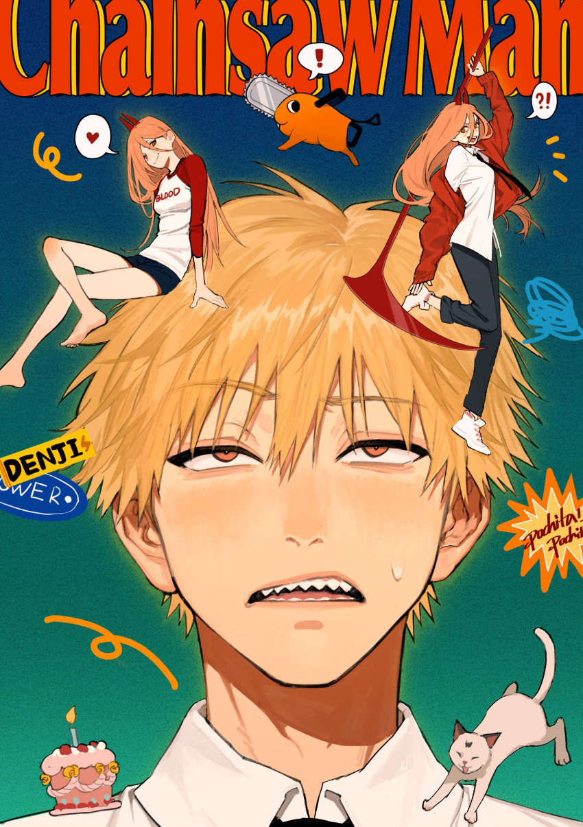 1boy, 1girl, absurdres, bangs, black_necktie, blonde_hair, cake, candle