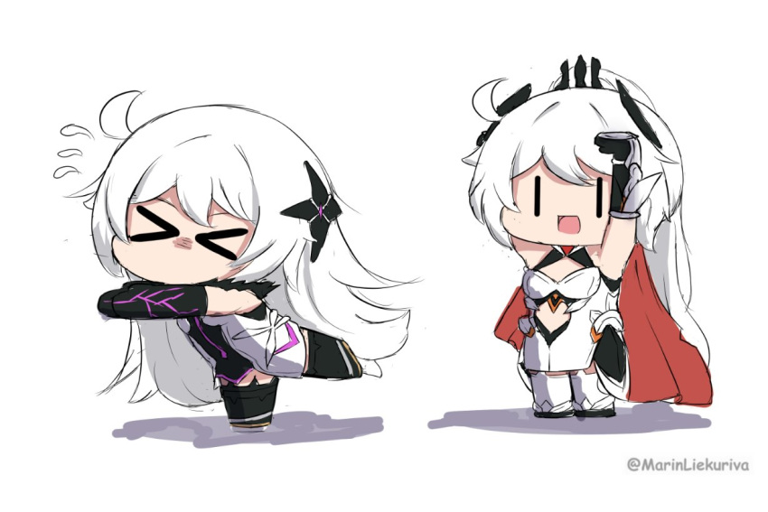 >_<, 2girls, ahoge, black_gloves, black_thighhighs, cape, chibi, dual_persona, flying_sweatdrops, gloves, hair_ornament, honkai_(series), honkai_impact_3rd, kiana_kaslana, kiana_kaslana_(herrscher_of_flamescion), kiana_kaslana_(herrscher_of_the_void), long_hair, lycoris_recoil, marin_liekuriva_(mmliku), meme, multiple_girls, open_mouth, sakana~_(meme), thigh-highs, very_long_hair, white_hair, white_thighhighs, |_|