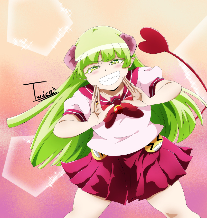 1girl, absurdres, artist_name, babyls_school_uniform, blush, bow, demon_girl, demon_horns