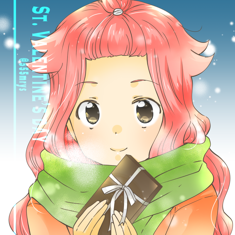1girl, 555mrys, artist_name, box, box_of_chocolates, brown_eyes, chocolate, closed_mouth