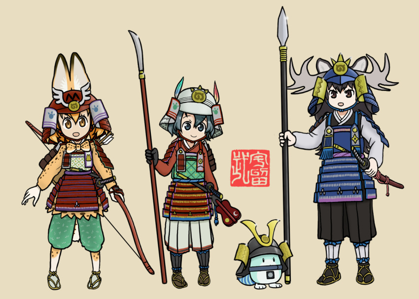 4girls, armor, black_hair, blonde_hair, bow_(weapon), brown_eyes, common_raccoon_(kemono_friends), green_hair, gunbai, helmet, japanese_armor, kaban_(kemono_friends), kabuto_(helmet), katana, kemono_friends, lucky_beast_(kemono_friends), m.wolverine, multiple_girls, polearm, samurai, serval_(kemono_friends), smile, spear, sword, war_fan, weapon, yellow_background, yellow_eyes