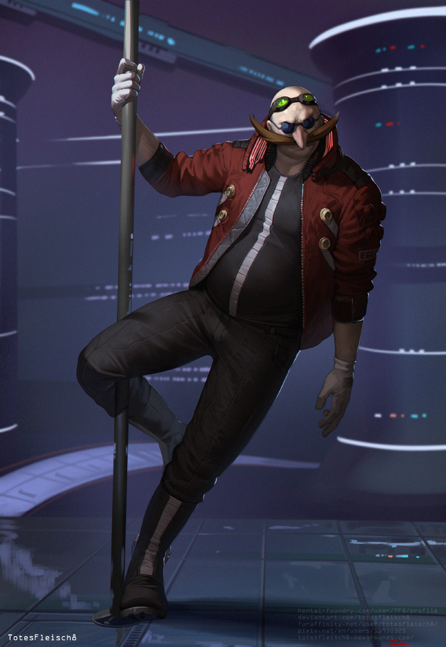 1boy, arm_at_side, arm_up, artist_name, bald, black-framed_eyewear, black_footwear, black_pants, black_shirt, blue-tinted_eyewear, blurry, blurry_background, boots, buttons, closed_mouth, commentary, deviantart_username, dr._eggman, english_commentary, eyewear_on_head, facial_hair, facing_viewer, fat, fat_man, furaffinity_username, gloves, goggles, green-tinted_eyewear, hand_up, hentai-foundry_username, highres, jacket, leg_up, long_sleeves, male_focus, mustache, newgrounds_username, open_clothes, open_jacket, pants, pixiv_id, pole, pole_dancing, red_jacket, round_eyewear, shirt, solo, sonic_(series), standing, standing_on_one_leg, sunglasses, tile_floor, tiles, tinted_eyewear, totesfleisch8, watermark, web_address, white_gloves, zipper