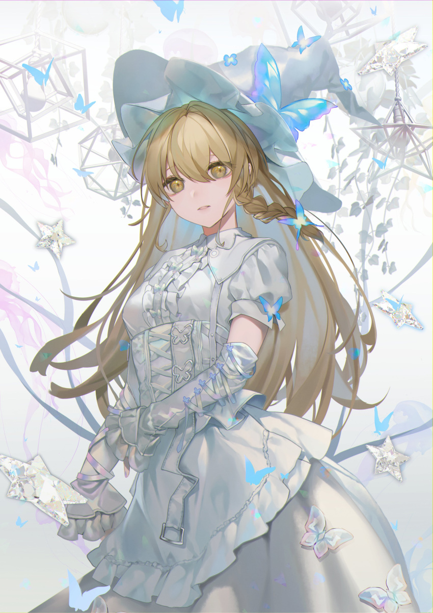 1girl, absurdres, alternate_color, arm_warmers, blonde_hair, blue_butterfly, braid, bug