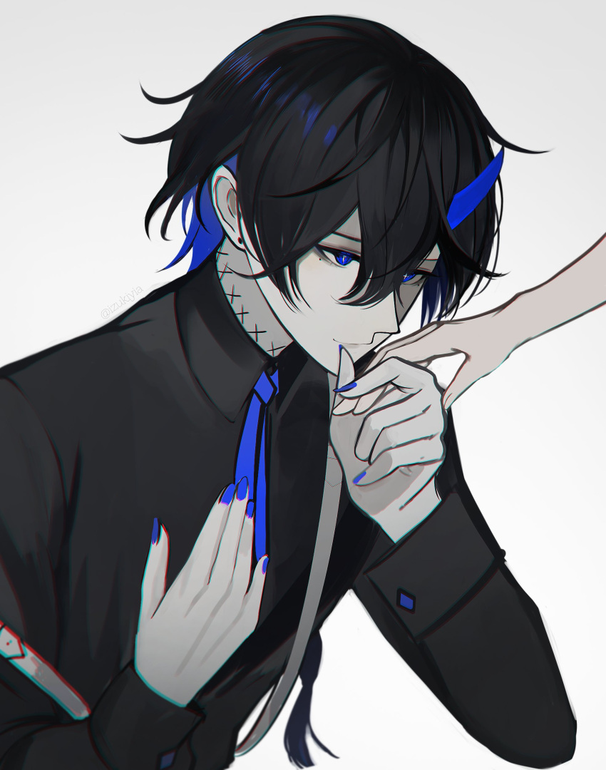 1boy, absurdres, bishounen, black_hair, blue_nails, blue_necktie, chromatic_aberration, cross