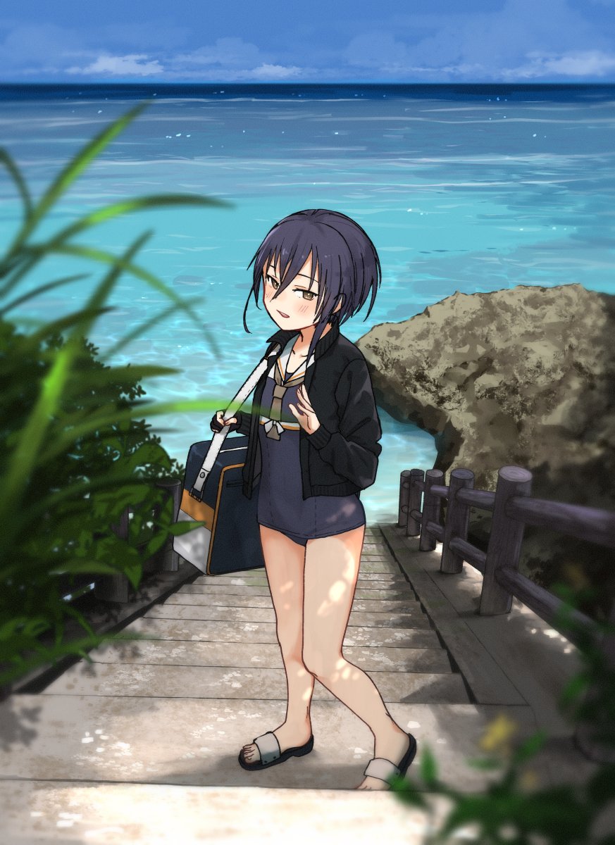 1girl, annin_musou, asymmetrical_hair, bag, black_cardigan, black_hair, black_one-piece_swimsuit, blush