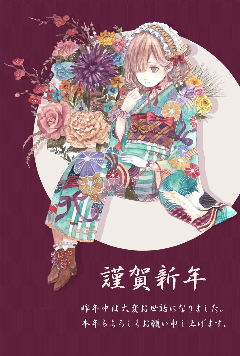 1girl, animal_print, bangs, bird, bird_print, blue_flower, blue_kimono, bow