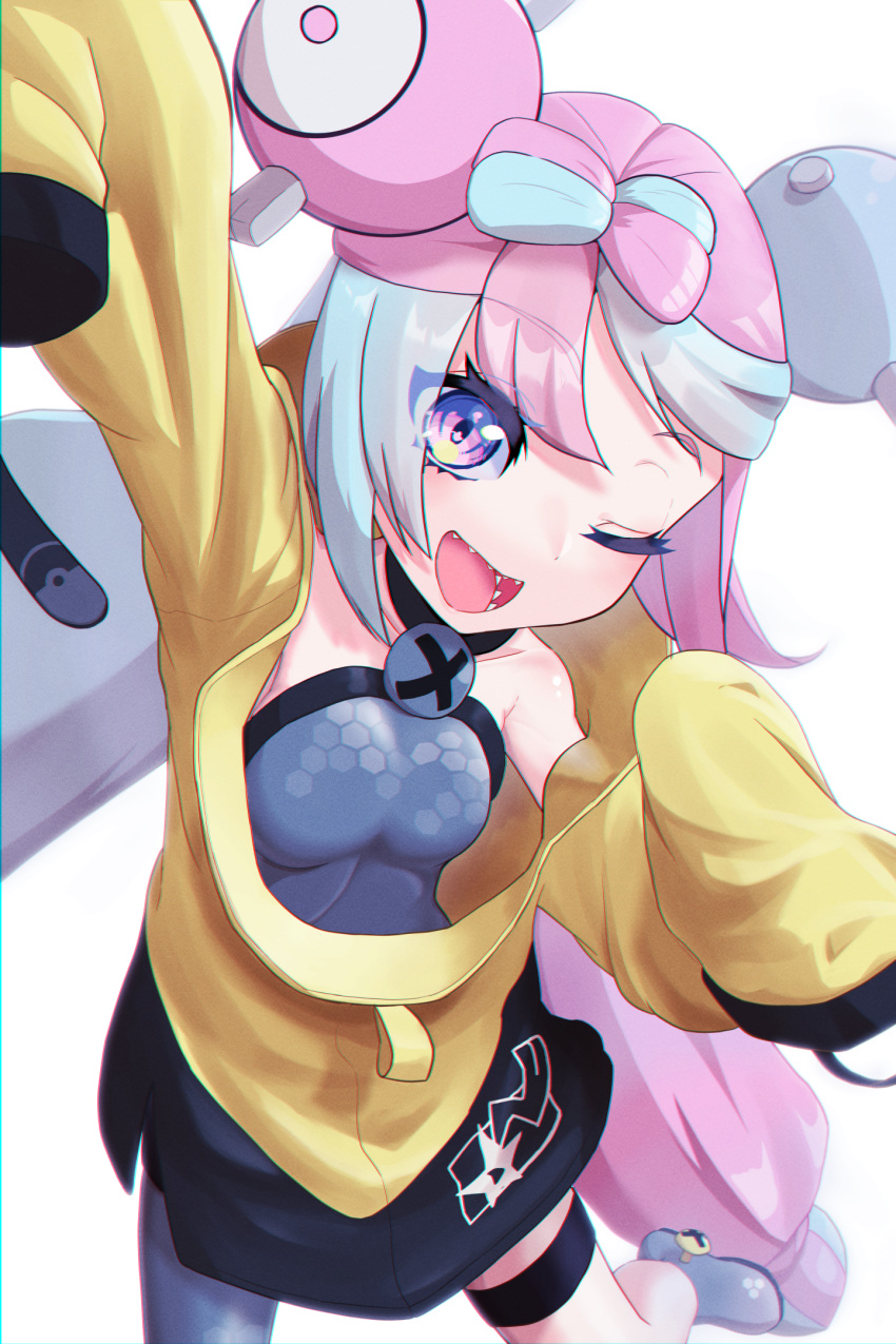 1girl, bow-shaped_hair, character_hair_ornament, grey_pantyhose, hair_ornament, hexagon_print, highres, iono_(pokemon)