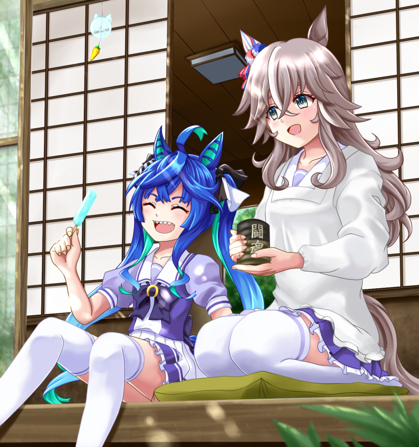 2girls, ahoge, animal_ears, apron, blue_hair, collarbone, commentary_request, cup