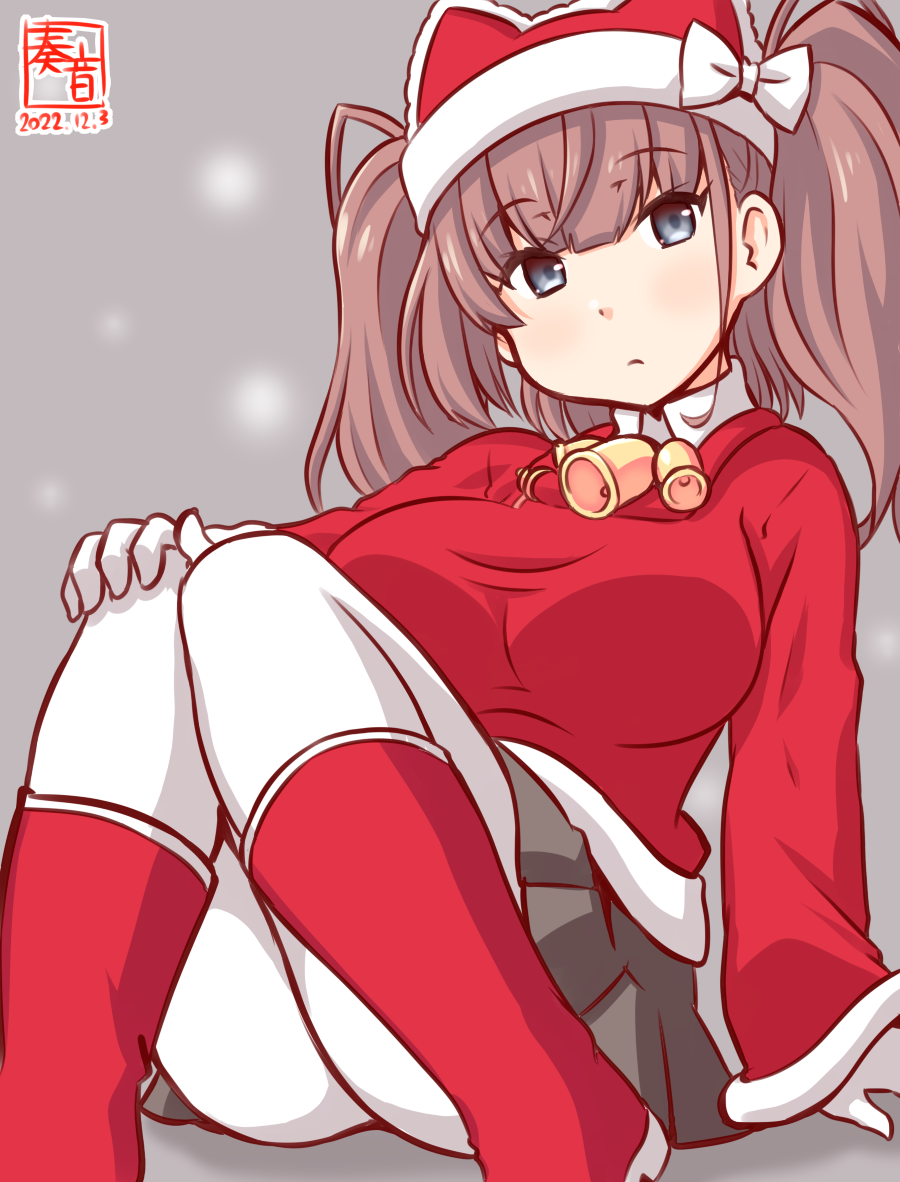 artist_logo, atlanta_(kancolle), black_skirt, boots, breasts, brown_background, brown_hair, collared_shirt