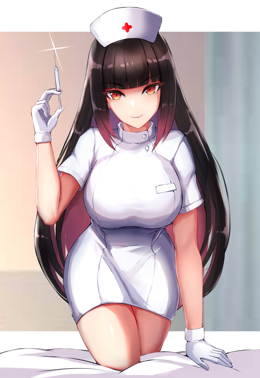 1girl, absurdres, bangs, black_hair, blunt_bangs, breasts, gloves, hat