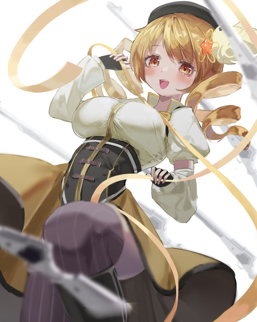 1girl, absurdres, black_footwear, black_gloves, blonde_hair, blurry, blush, boots