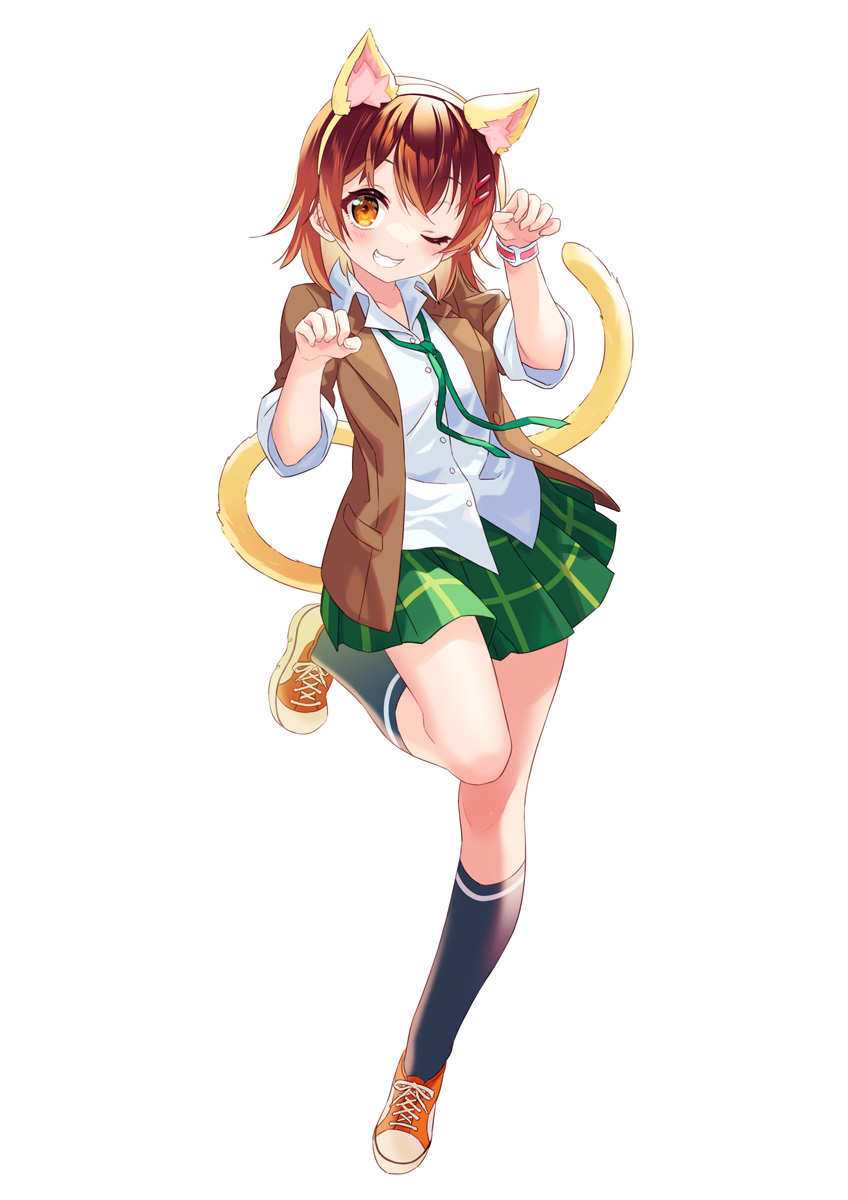 1girl, animal_ear_fluff, animal_ears, bangs, black_socks, blush, brown_cardigan, brown_hair, cardigan, cat_ears, cat_girl, cat_tail, collared_shirt, extra_ears, fake_animal_ears, fake_tail, full_body, green_ribbon, green_skirt, hair_between_eyes, hair_ornament, hairclip, highres, hisana, kneehighs, leg_up, medium_hair, miniskirt, official_art, one_eye_closed, orange_eyes, paw_pose, plaid, plaid_skirt, pleated_skirt, programming_live_broadcast, pronama-chan, ribbon, school_uniform, shiny, shiny_hair, shirt, shoes, short_sleeves, simple_background, skirt, smile, socks, solo, standing, standing_on_one_leg, tail, tail_raised, teeth, thighs, white_background, white_shirt, wristband, zettai_ryouiki