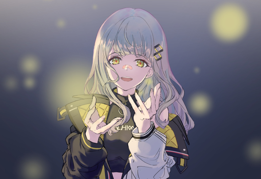 1girl, bandaid, bandaid_on_face, bandaid_on_nose, bangs, black_shirt, blurry, blurry_background