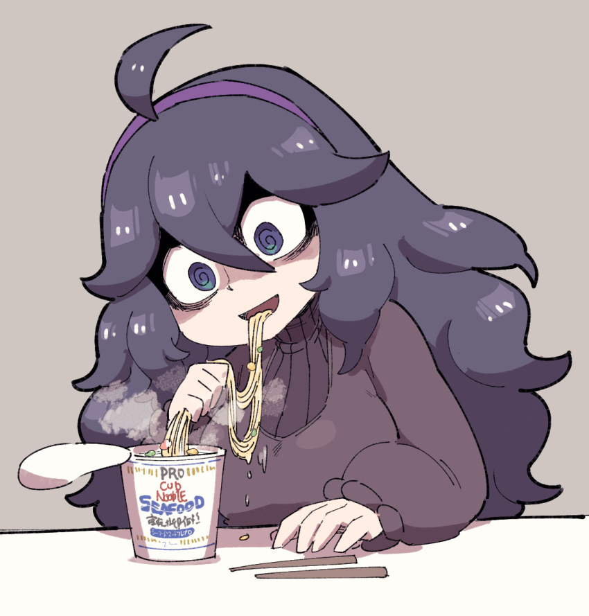 1girl, @_@, absurdly_long_hair, ahoge, ai_drawing_anime_characters_eating_ramen_(meme), black_dress, black_eyes, black_hair, chichibu_(watson), dress, eating, hairband, hex_maniac_(pokemon), highres, long_hair, meme, pokemon, ramen, solo, very_long_hair