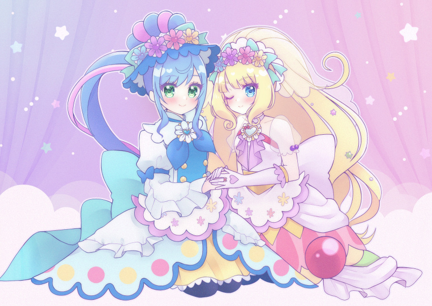 2girls, absurdres, black_pantyhose, blonde_hair, blue_bow, blue_eyes, blue_hair, blush, bow, brooch, closed_mouth, cure_finale, cure_finale_(party_up_style), cure_spicy, cure_spicy_(party_up_style), delicious_party_precure, flower, fuwa_kokone, gloves, green_eyes, hair_flower, hair_ornament, hair_rings, heart_brooch, highres, holding_hands, jewelry, kasai_amane, kneeling, layered_skirt, long_hair, magical_girl, multicolored_hair, multiple_girls, one_eye_closed, pantyhose, pink_hair, precure, purple_background, ring, skirt, smile, starry_background, two-tone_hair, umiyuki_(umi_chu), veil, white_gloves, yellow_skirt