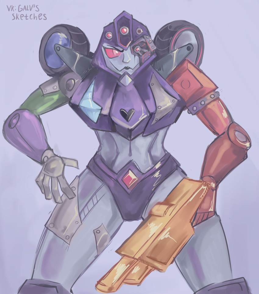 1girl, alien, black_lips, breasts, colored_skin, galvgp, grey_skin, gun