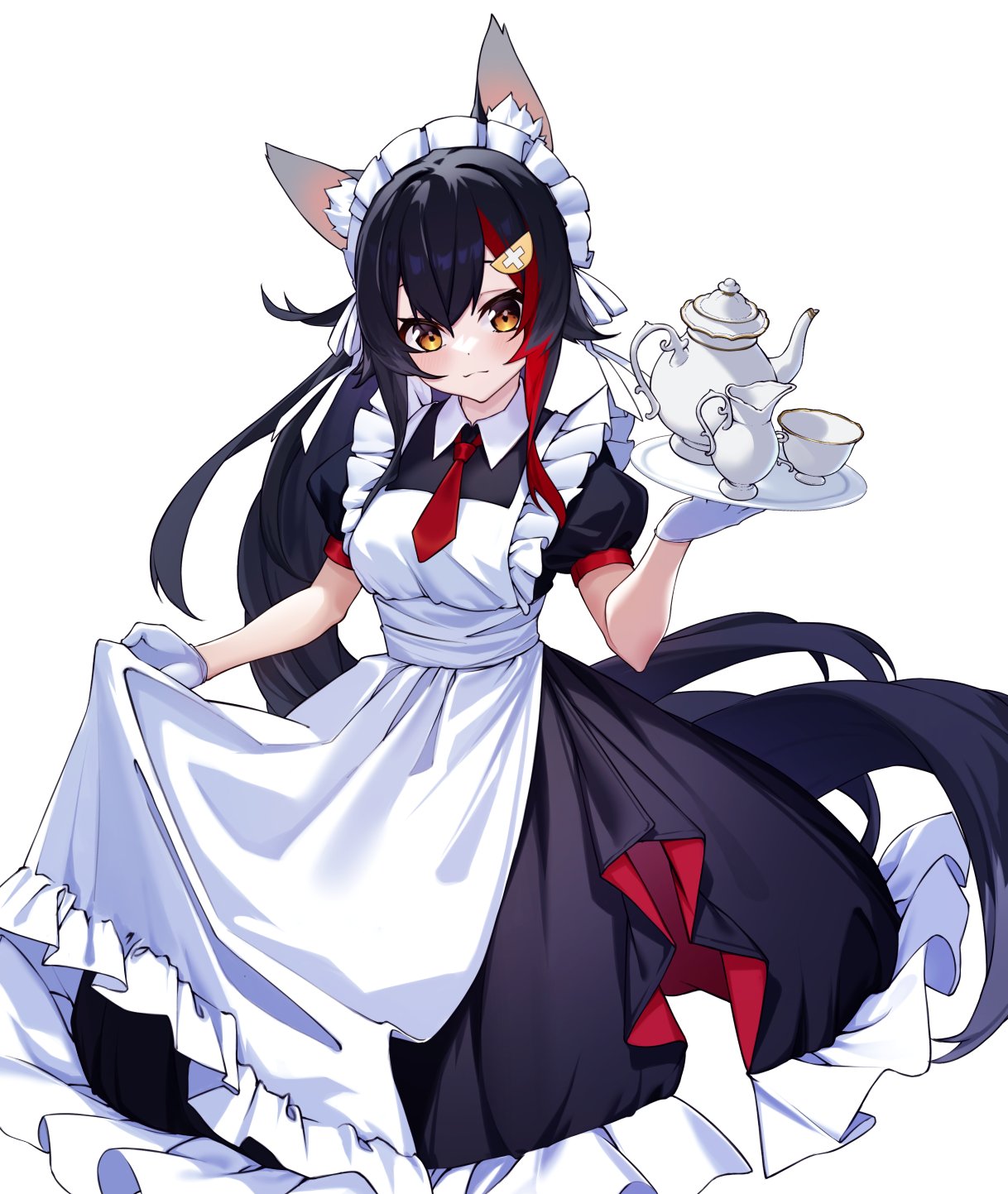 1girl, alternate_costume, animal_ears, apron, bangs, black_dress, black_hair, breasts