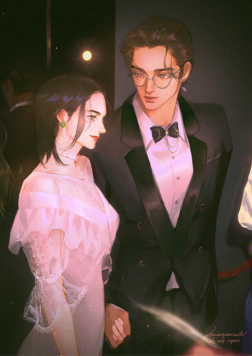 1boy, 1girl, bangs, black_bow, black_hair, black_jacket, black_pants, black_suit, bow, breasts, brown_hair, choker, collared_shirt, cowboy_shot, dress, earrings, eren_yeager, flower_choker, formal, glasses, hair_pulled_back, holding_hands, husband_and_wife, indoors, jacket, jewelry, lacampanule, lace_sleeves, looking_at_another, medium_breasts, medium_hair, mikasa_ackerman, pants, parted_bangs, red_lips, scar, scar_on_cheek, scar_on_face, shingeki_no_kyojin, shirt, suit, suit_jacket, tuxedo, twitter_username, wedding, wedding_dress, white_choker, white_dress, white_shirt