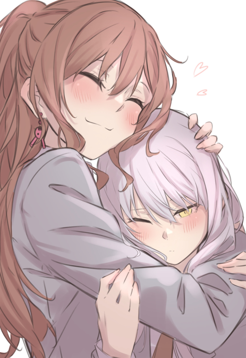 2girls, :3, bang_dream!, blush, brown_hair, closed_eyes, earrings, grey_hair