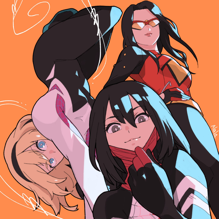 3girls, black_hair, blonde_hair, blue_eyes, cindy_moon, grey_eyes, gwen_stacy, highres
