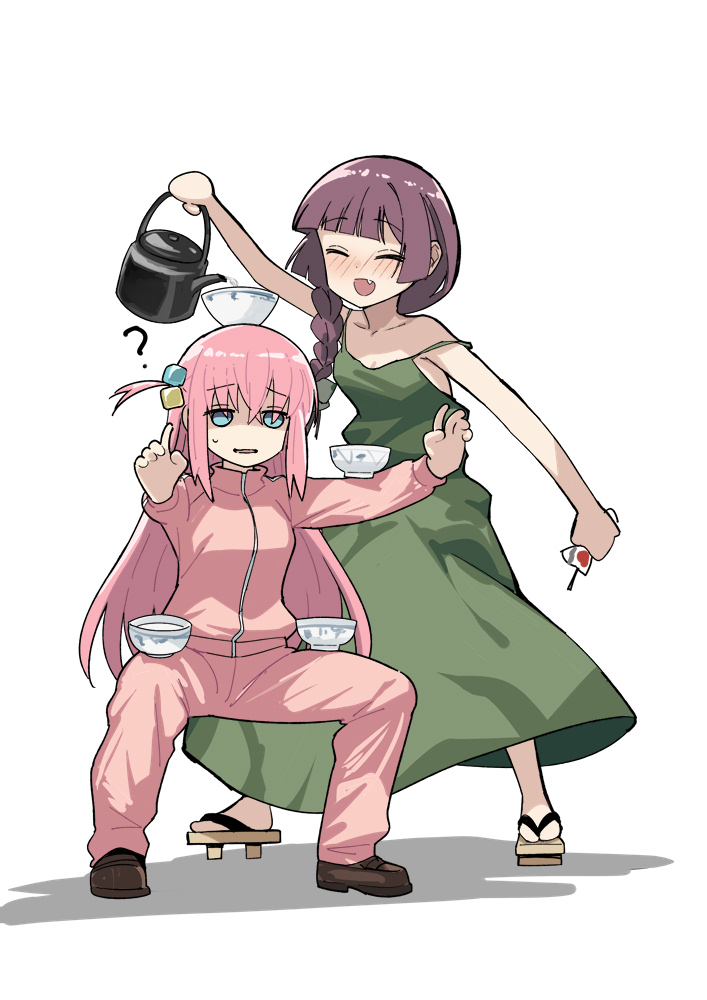 2girls, :d, ?, balancing, blue_eyes, blush, bocchi_the_rock!, bowl