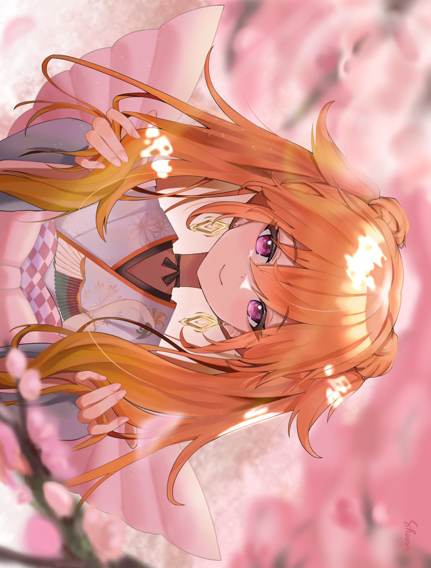 1girl, cherry_blossoms, earrings, hair_between_eyes, highres, hololive, hololive_english, japanese_clothes, jewelry, kimono, neck_ribbon, orange_hair, pink_background, pink_kimono, pink_nails, pink_theme, ribbon, shoulder_pads, shunnukiki, smile, solo, takanashi_kiara, twintails, violet_eyes