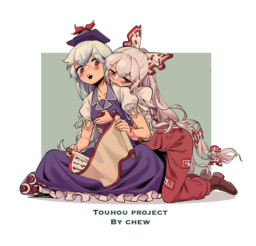 2girls, artist_name, bangs, blue_dress, blue_headwear, blush_stickers, boots, bow