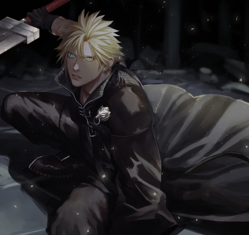 1boy, aqua_eyes, armor, black_cape, black_gloves, black_pants, black_shirt, blonde_hair