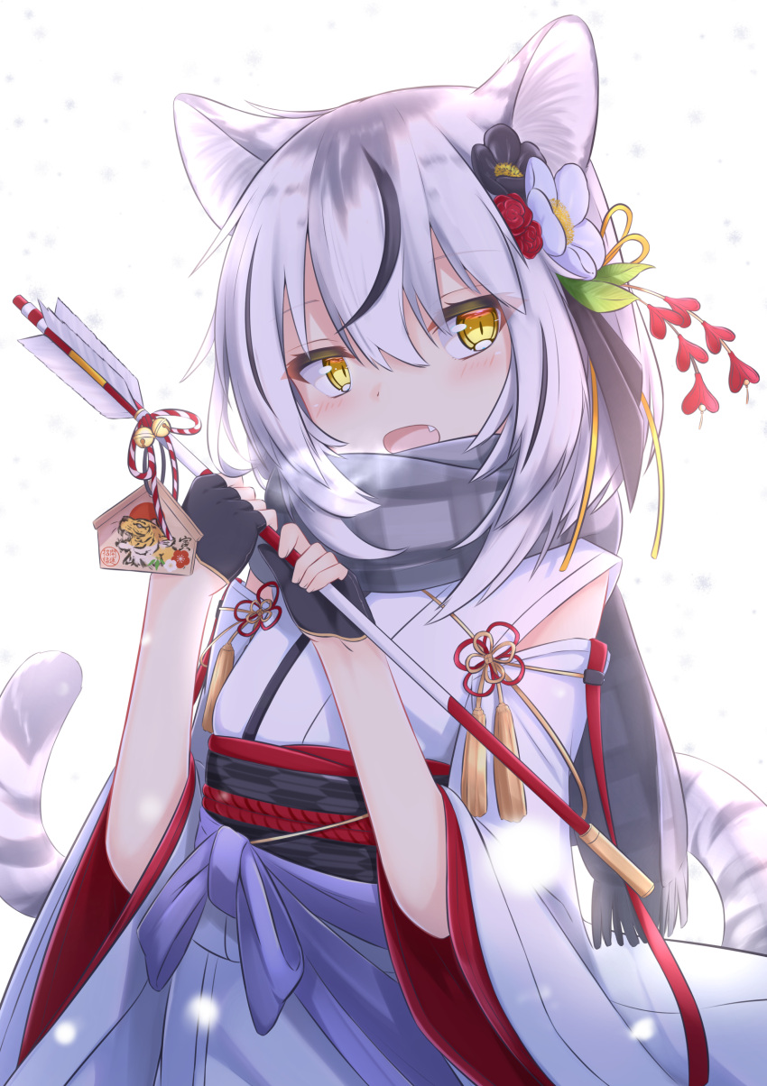 1girl, absurdres, animal_ears, arrow_(projectile), bell, black_flower, black_gloves, breath