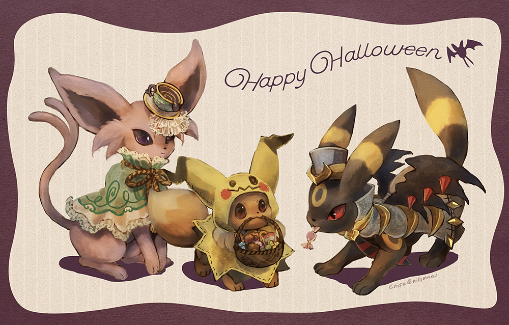 basket, candy, candy_wrapper, closed_mouth, clothed_pokemon, commentary_request, cosplay, eevee