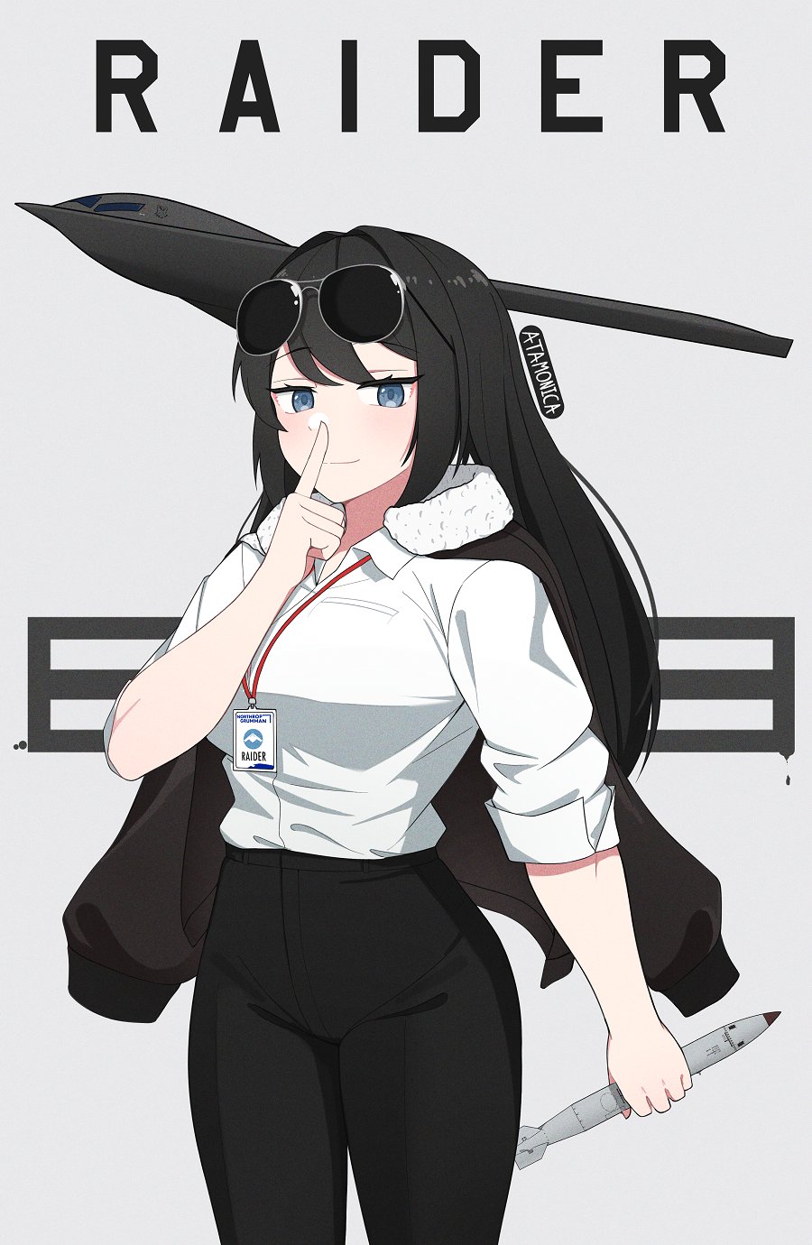 aircraft, airplane, atamonica, aviator_sunglasses, b-21, black_hair, blue_eyes, bomber