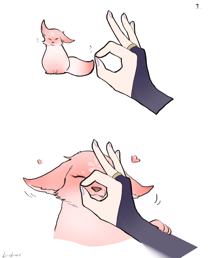 1girl, animal_focus, fox, genshin_impact, heart, highres, liolion77, ok_sign, pink_fur, purple_nails, raiden_shogun, signature, simple_background, snoot_challenge, white_background, yae_miko, yae_miko_(fox)